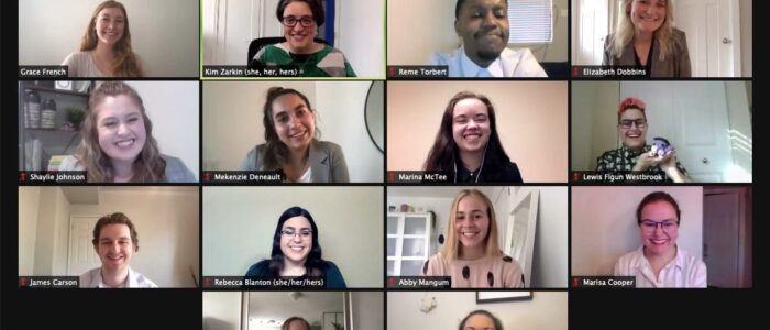 Communication Portfolio Showcase Spring 2021 A screenshot of a Zoom Meeting showcase with photos of the thirteen graduating students and one faculty member.